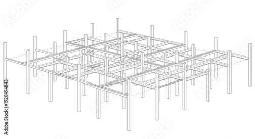 Detailed 3D wireframe outline of a building construction framework or foundation structure, isolated white background.