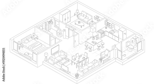Detailed isometric architectural illustration of a house interior plan with furniture layout, isolated white background.