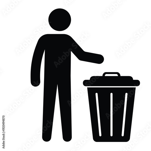 Black silhouette icon showing a person disposing of waste in a trash can with an open lid. Professional graphic for sanitation and housekeeping.