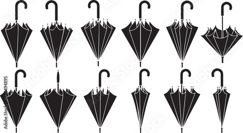 Collection of black umbrellas in various positions and states