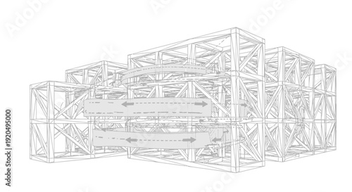 Detailed wireframe rendering of a modular architectural structure with internal transport systems, highlighting its complex engineering and interconnected components.