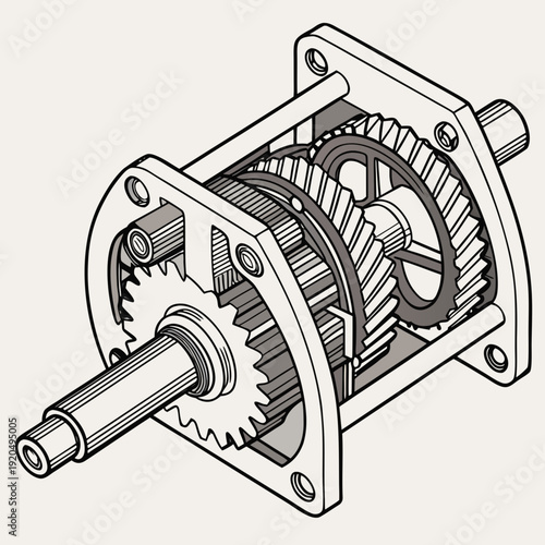 Isometric Illustration of a Mechanical Gearbox Interior with Multiple Cogs, Shafts, and Mounting Flange Detail