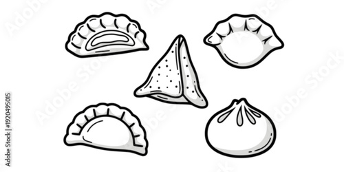 Different dumpling shapes hand drawn doodle icon set
