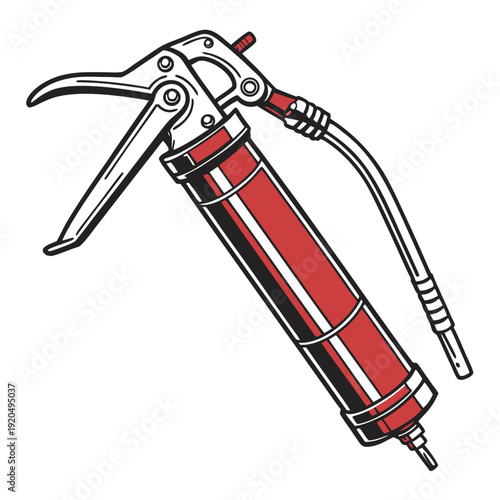 Bold Red and Black Isometric Vector Illustration of a Manual Lever-Action Grease Gun with Flexible Hose for Lubrication
