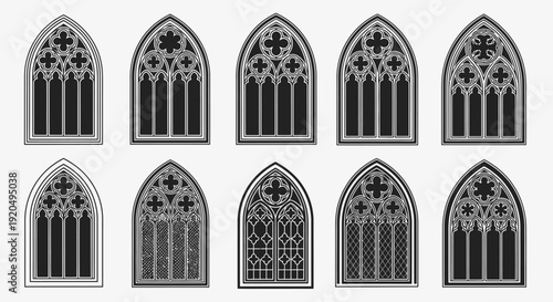 Collection of ten detailed gothic arched windows with intricate tracery designs, showcasing medieval architectural elements in grayscale.