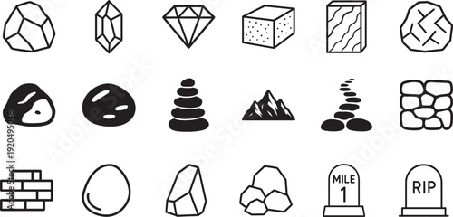 Stone icon set with rock, pebble and mineral symbols. Editable outline EPS vector collection.