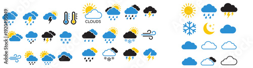 Weather icons collection with sun, rain, snow, and clouds  