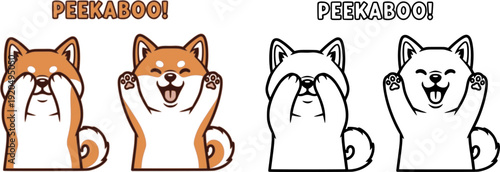 Cute cartoon Shiba Inu puppy playing Peekaboo, hiding and opening face. Simple kawaii dog illustration.
