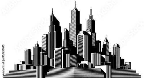 Stylized black and white illustration of a modern cityscape with numerous tall skyscrapers and buildings.