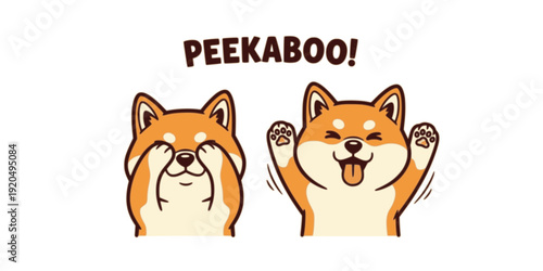 Cute cartoon Shiba Inu puppy playing Peekaboo, hiding and opening face. Simple kawaii dog illustration.
