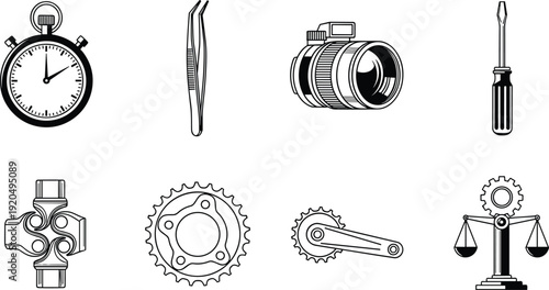 Mechanical tools and equipment silhouettes set, stopwatch tweezers camera screwdriver gear scales collection isolated on white background vector illustration