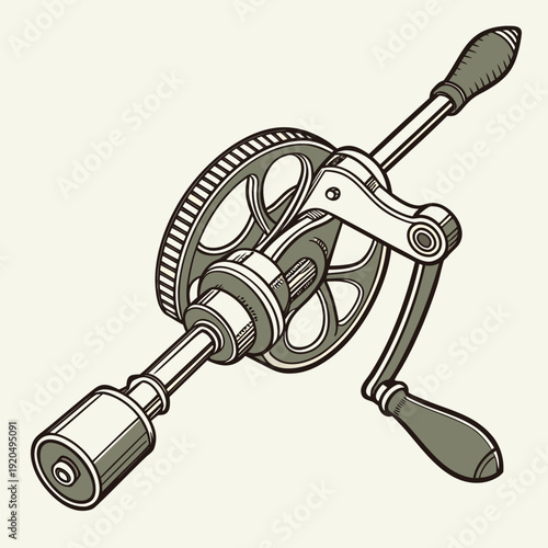 Detailed vintage hand drill illustration in a classic workshop tool style with grey and green accents, for DIY projects and mechanical concepts.