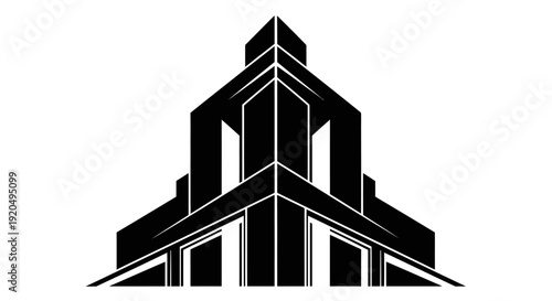 Stylized black and white graphic of a symmetrical, futuristic architectural structure with sharp angles and a towering design.