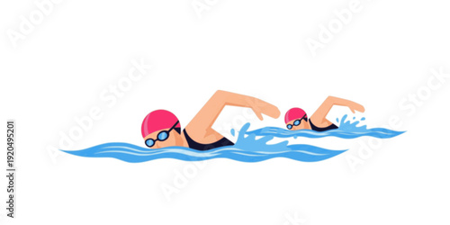 two swimming, flat illustration. Male and female freestyle swimmers, simple cartoon style.

