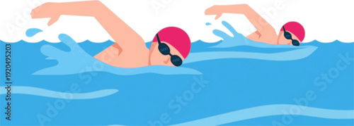 two swimming, flat illustration. Male and female freestyle swimmers, simple cartoon style.
