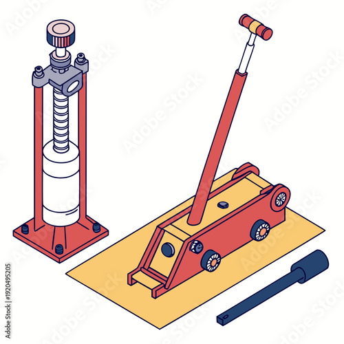 Isometric Car Jack and Hydraulic Press Illustration in Red and Yellow for Industrial Tools Concept and Automotive Repair