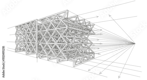 Detailed technical drawing of a complex three-dimensional geometric truss structure with perspective lines converging to a vanishing point.