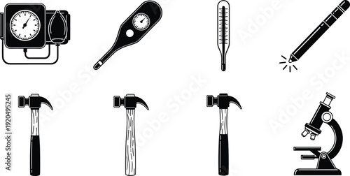 Medical and laboratory equipment silhouettes set, blood pressure monitor thermometer pen hammer microscope tools isolated on white background vector illustration collection