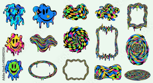 Psychedelic Melting Smiley Face Frames and Abstract Shapes
