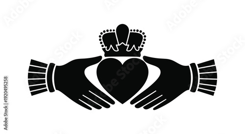 A striking black design showcasing cupped hands holding a heart with a crown representing care and royalty silhouette