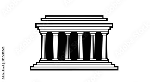Black and white illustration of a classical Greek or Roman temple-like building with six columns and a stepped base, featuring a simple, iconic design.