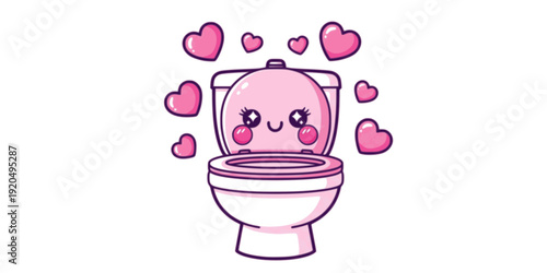 Kawaii pink toilet bowl drawing with funny smiling face. Simple and cute cartoon illustration.
