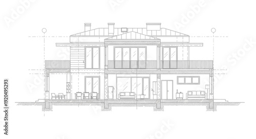 Architectural cross-section drawing of a two-story residential building, showing internal layout and structural details.