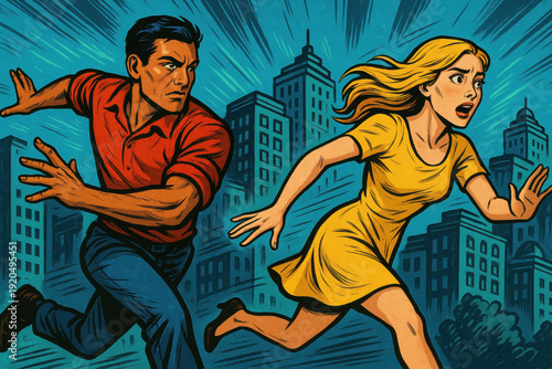 A man and a woman run through a city with expressions of fear and urgency. Dramatic action scene features vibrant colors and bold lines in a vintage comic book style.
