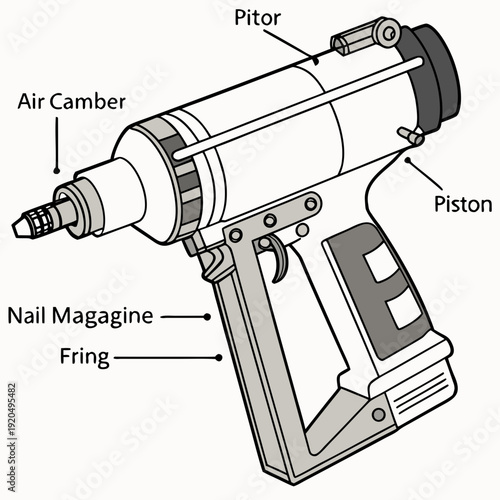 Technical Isometric Line Art Illustration of a Nail Gun with Labeled Components, Essential for Construction and Carpentry Work