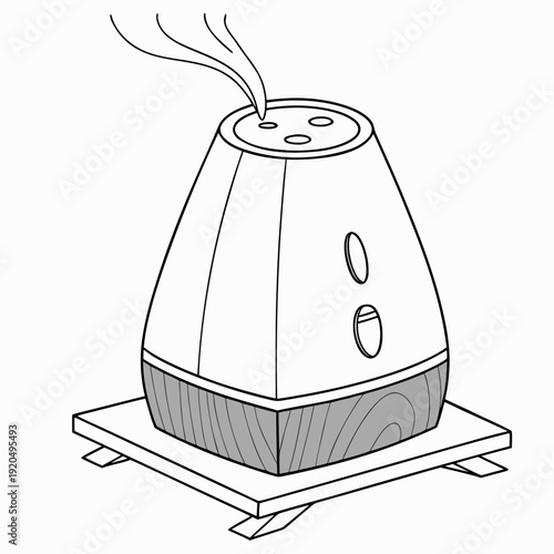 Isometric Line Art Illustration of an Essential Oil Diffuser or Humidifier with Steam and Wooden Base, Minimalist Outline Drawing