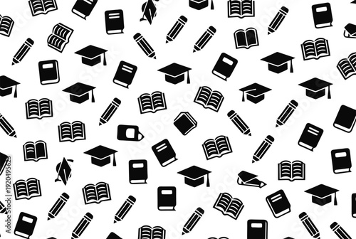 Education Icons Pattern: A seamless pattern of education icons, representing the pursuit of knowledge, education, and academic achievement. Featuring essential tools like books, pencils.