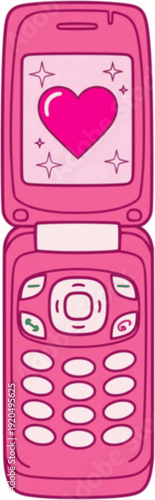 Pink retro flip phone cartoon drawing, simple and cute hand drawn illustration. Y2k aesthetic nostalgia doodle.
