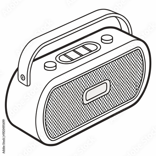 Isometric Line Art Illustration of a Portable Bluetooth Speaker with Handle and Control Buttons, Modern Audio Device