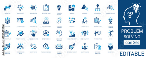 Problem Solving and Strategy icon set. Featuring Risk Analysis, Brainstorming, Creative Thinking, and Decision Making. Solid glyph vector icons for corporate, management, and business strategy project