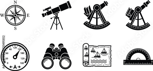 Navigation and nautical instruments silhouettes set, compass telescope sextant binoculars map gauge isolated on white background vector illustration collection