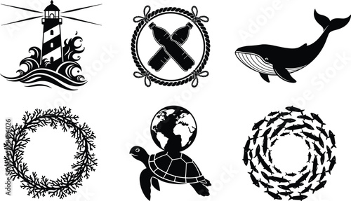 Marine nautical silhouettes set, lighthouse whale turtle globe coral fish circle isolated on white background vector illustration collection