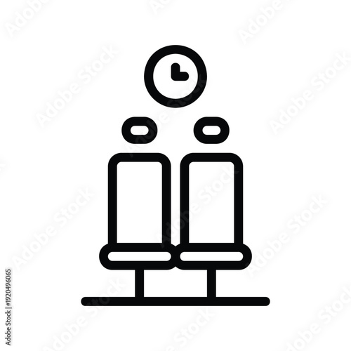 A simple line art icon depicting two empty seats with a clock overhead, suggesting waiting or a schedule. Aviation Single Line Icon.