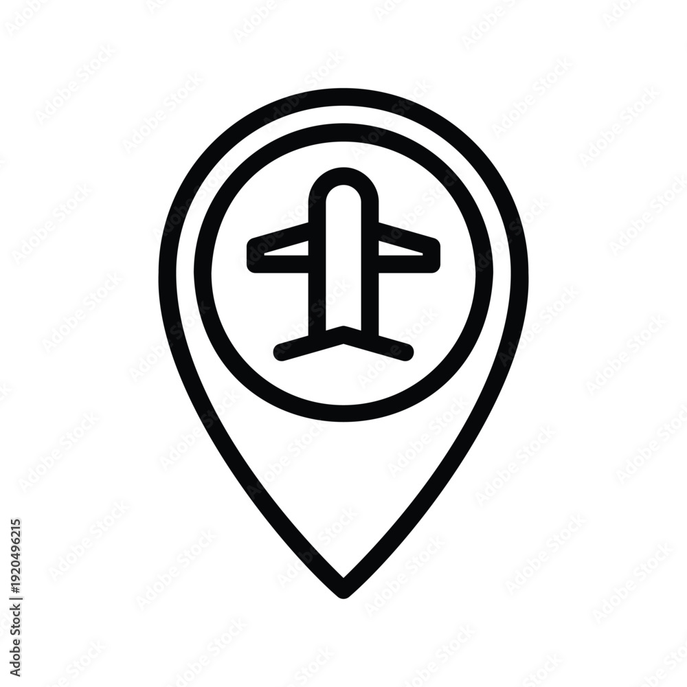 Obraz premium A simple black and white line art icon representing an airplane inside a location pin marker. Aviation Single Line Icon.