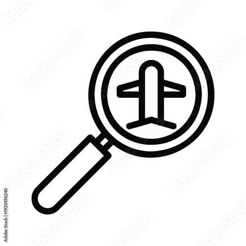 A simple line art icon showing a magnifying glass focused on an airplane symbol, representing search and discovery in travel. Aviation Single Line Icon.