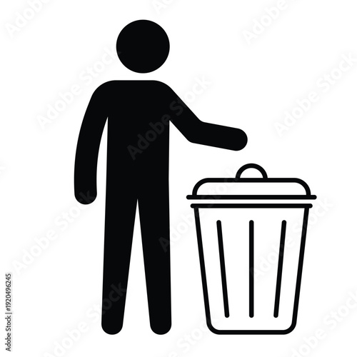 Black silhouette icon showing a person disposing of waste in a trash can with an open lid. Professional graphic for sanitation and housekeeping.