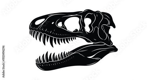 A striking black silhouette depicts the head of a tyrannosaurus rex showcasing its formidable teeth and bone structure silhouette