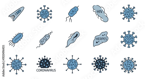 Virus and Bacteria Doodle Icons Set. Microorganism Collection