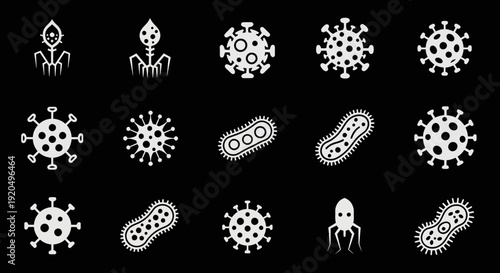 Microorganism Icons: Viruses, Bacteria, and Bacteriophages on Black Background