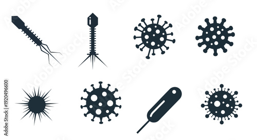 Virus and Bacteriophage Icons Set in Dark Blue