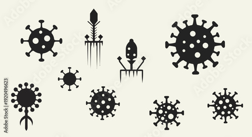Virus and Bacteriophage Icons Set on Beige Background