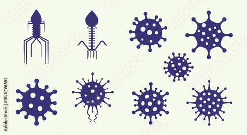 Collection of Virus and Bacteriophage Icons: Microbe, Disease, Science, Medical, Biology