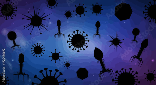 Virus and bacteriophage silhouettes on blue gradient