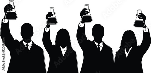 Scientist silhouettes holding laboratory flask, research team analysis concept, chemistry experiment professionals with beaker isolated on white background scientific illustration