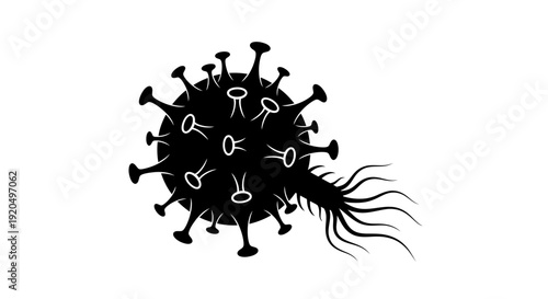 Virus with tail, black and white illustration