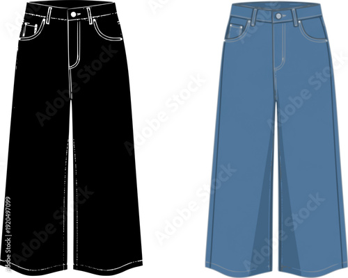 Women wide leg pants technical fashion illustration, casual trousers design sketches, front back views, minimalist apparel template, for modern collections